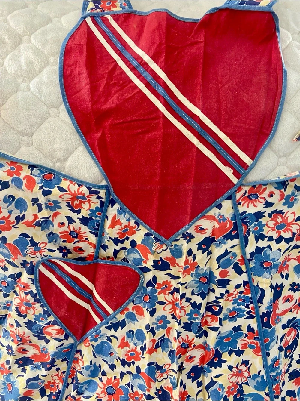 Vintage 50’s Apron with Red Heart Bib with diagonal stripes and floral apron